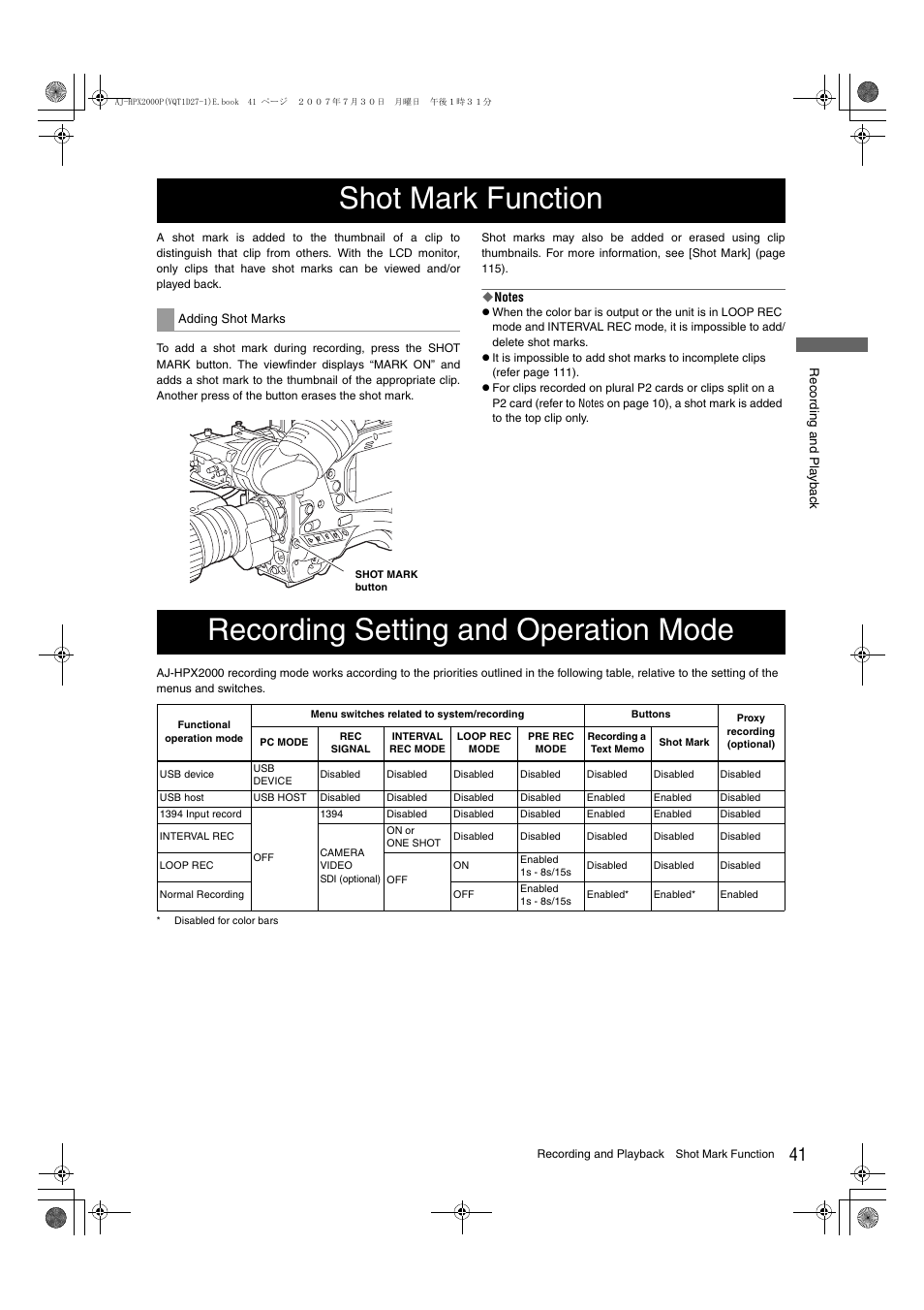Shot mark function, Recording setting and operation mode, Shot mark | Function | Panasonic AJ-HPX2000 User Manual | Page 41 / 194