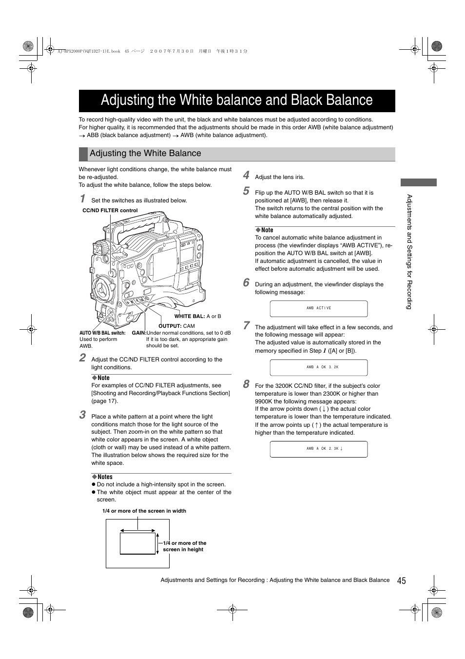 Adjusting the white balance and black balance, Adjusting the white balance, Adjusting the white | Balance, Adjusting, The white balance | Panasonic AJ-HPX2000 User Manual | Page 45 / 194