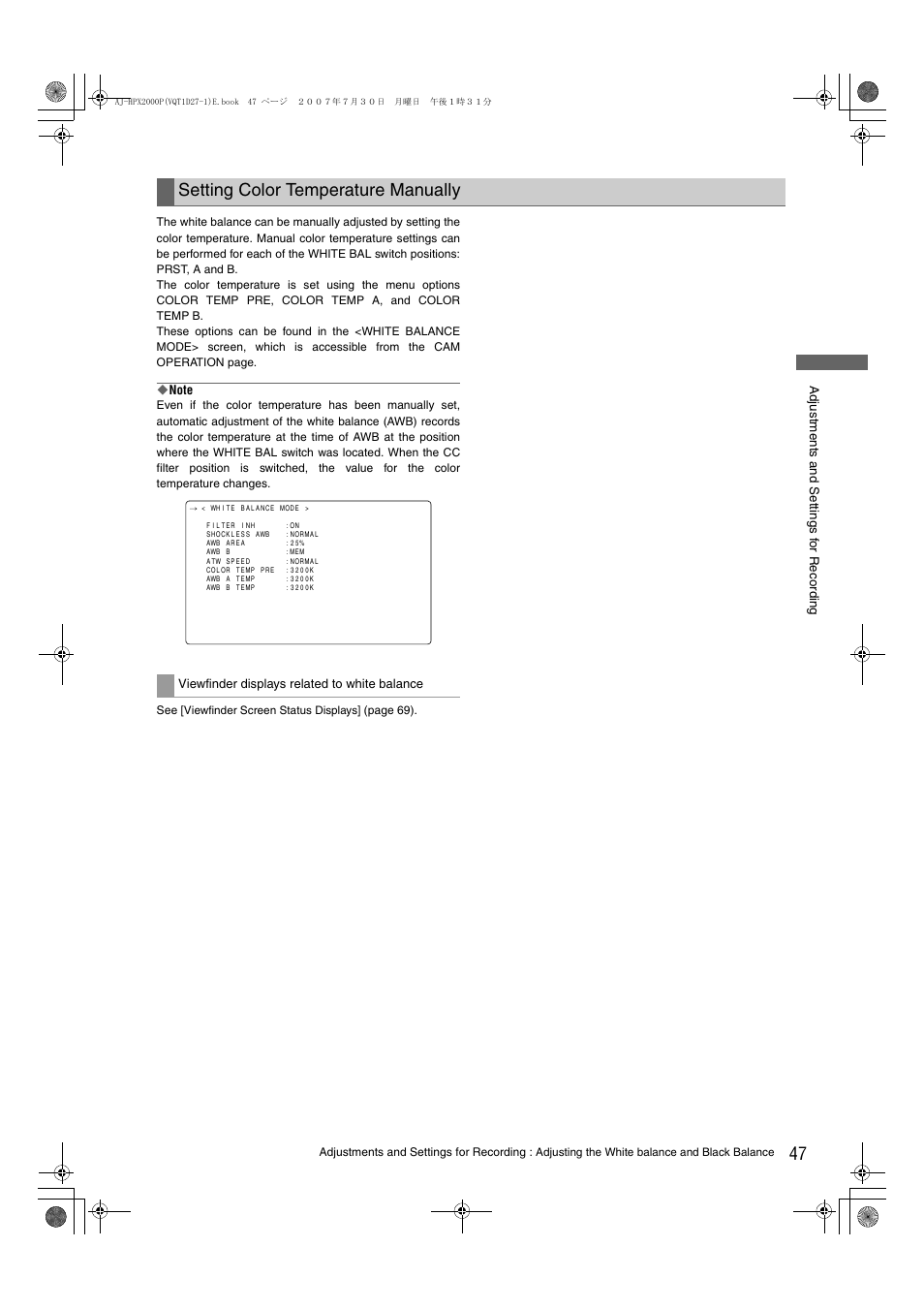 Setting color temperature manually | Panasonic AJ-HPX2000 User Manual | Page 47 / 194