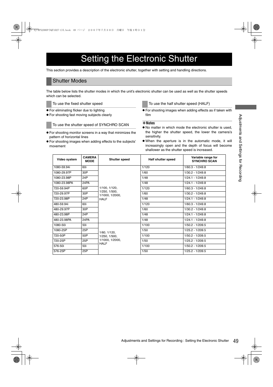 Setting the electronic shutter, Setting the electronic, Shutter | Shutter modes | Panasonic AJ-HPX2000 User Manual | Page 49 / 194