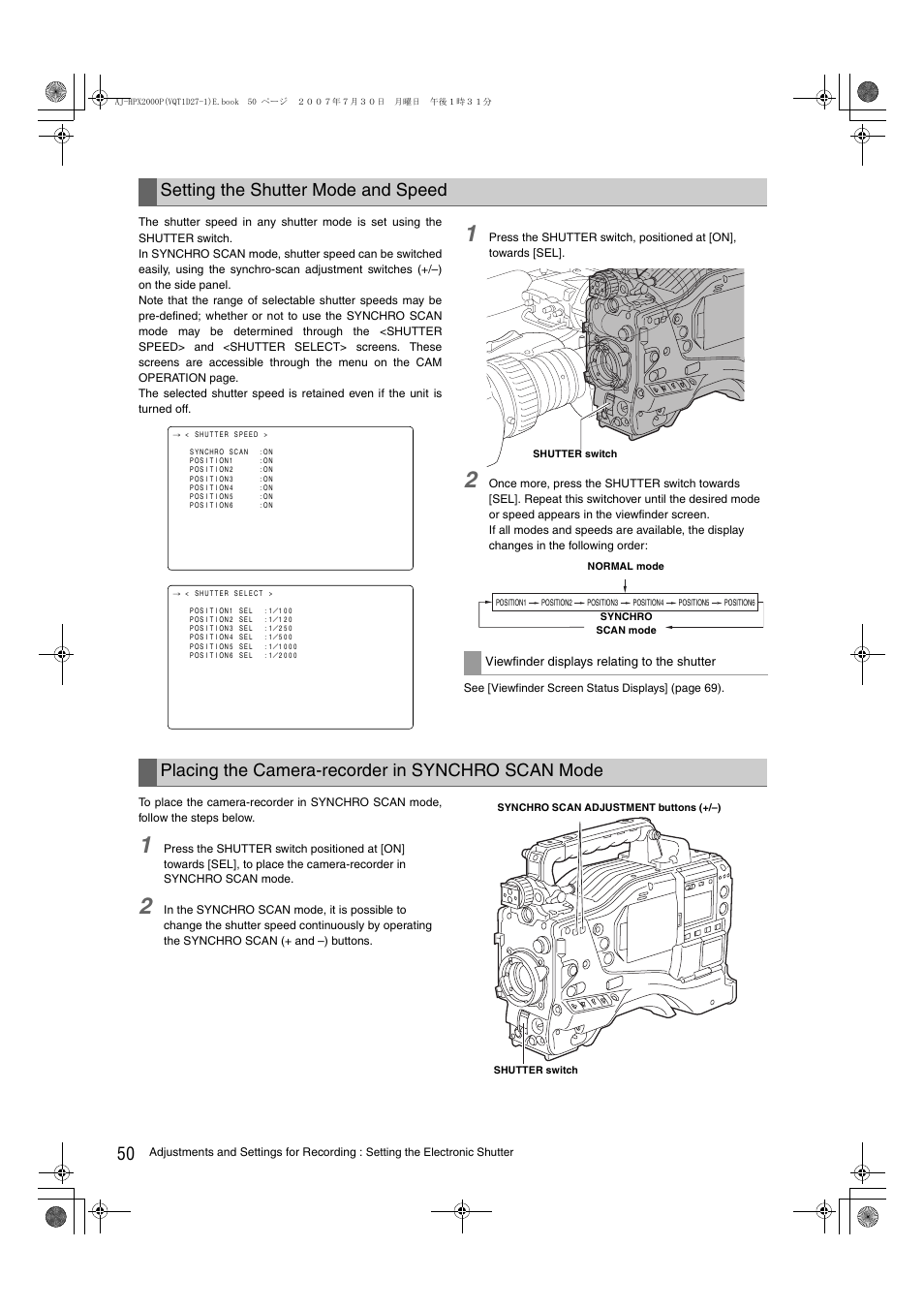 Setting the shutter mode and speed, Placing the camera-recorder in synchro scan mode | Panasonic AJ-HPX2000 User Manual | Page 50 / 194