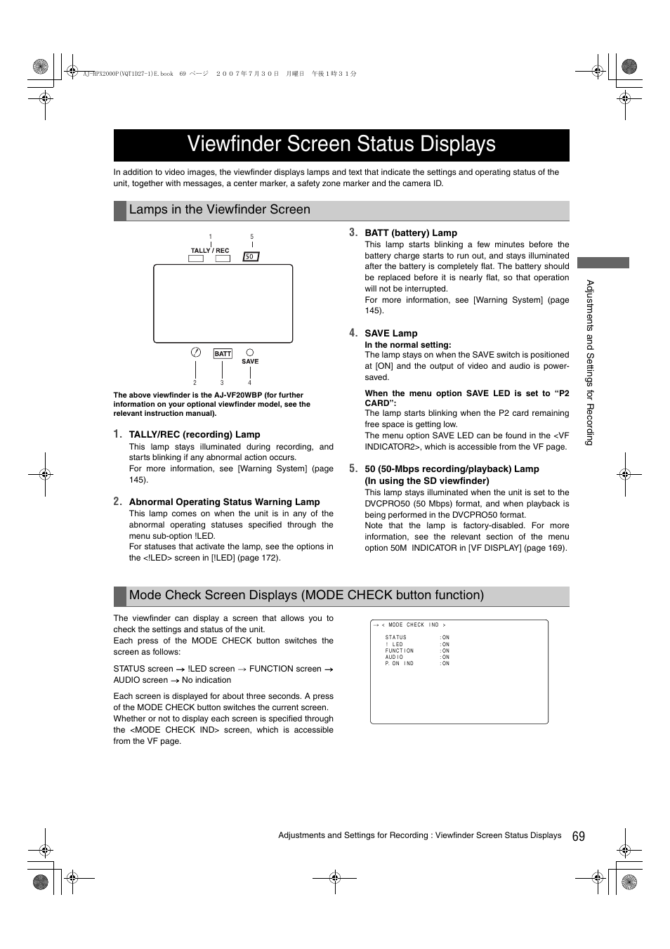 Viewfinder screen status displays, Lamps in the viewfinder screen | Panasonic AJ-HPX2000 User Manual | Page 69 / 194
