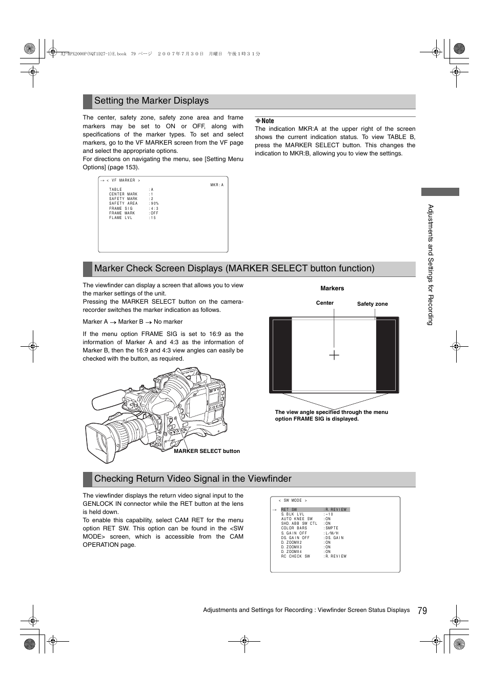 Marker check screen, Displays (marker select button function), Setting the marker displays | Checking return video signal in the viewfinder | Panasonic AJ-HPX2000 User Manual | Page 79 / 194