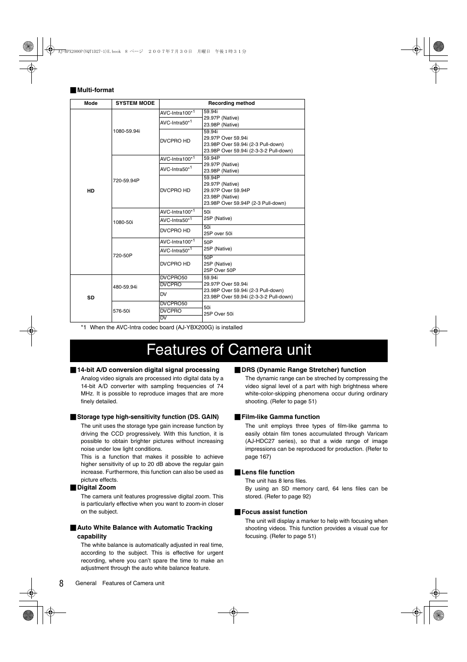 Features of camera unit | Panasonic AJ-HPX2000 User Manual | Page 8 / 194