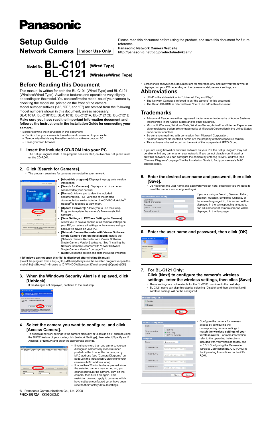 Panasonic BL-C101 User Manual | 2 pages