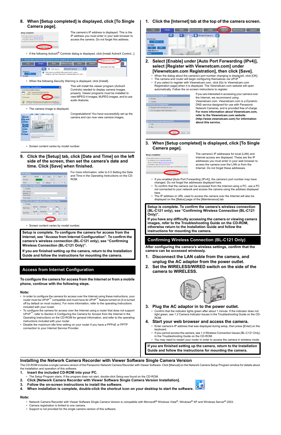 Start your web browser and access the camera, Access from internet configuration, Confirming wireless connection (bl-c121 only) | Panasonic BL-C101 User Manual | Page 2 / 2