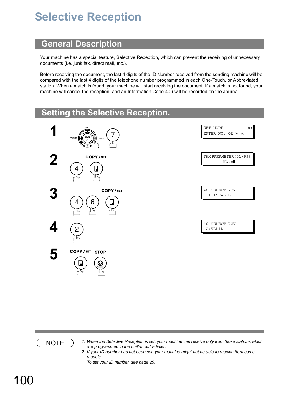 Network features, Selective receptionselective reception, General description | Setting the selective reception, Selective reception | Panasonic Panafax UF-5950 User Manual | Page 100 / 158