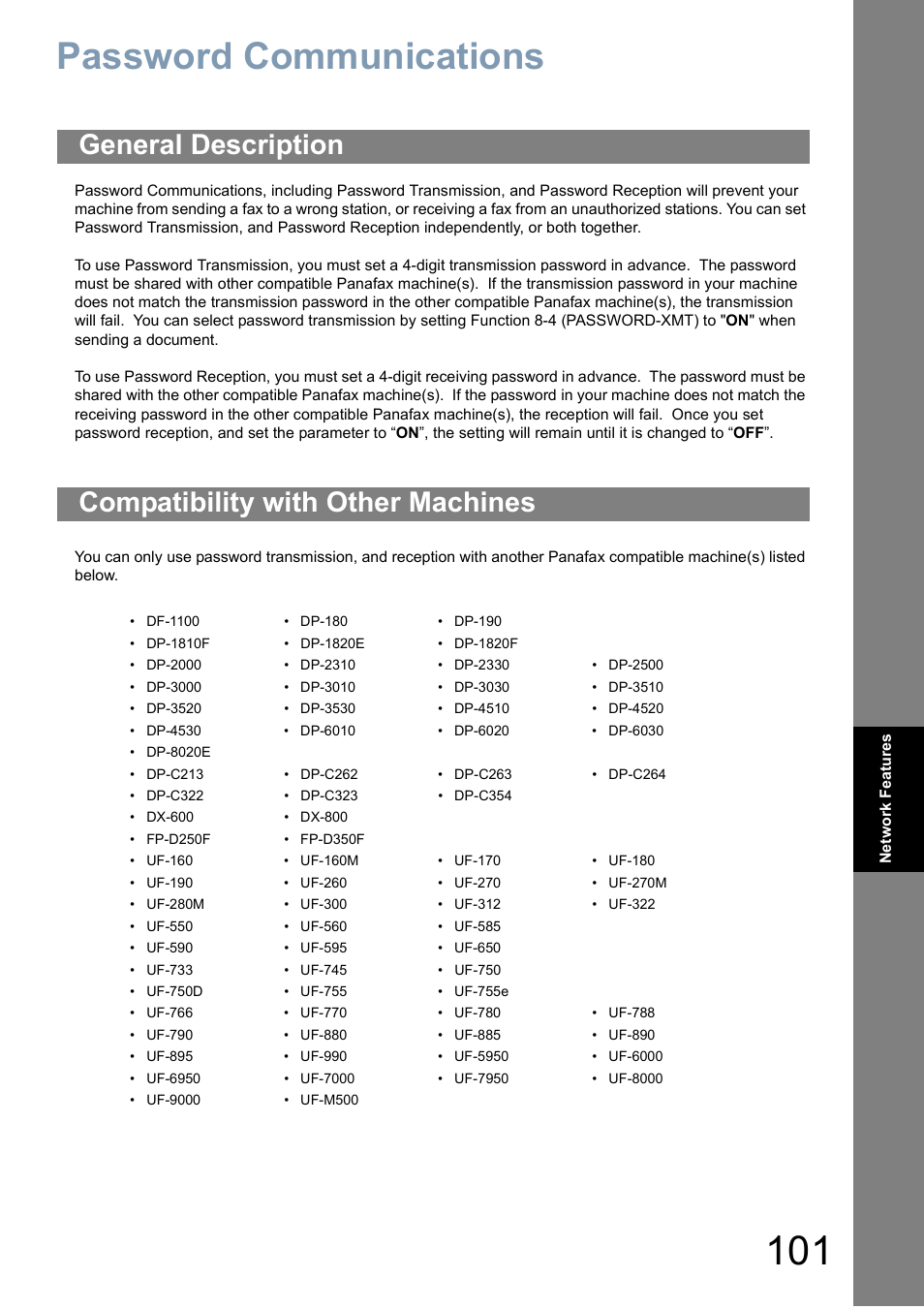 Password communications, General description, Compatibility with other machines | Panasonic Panafax UF-5950 User Manual | Page 101 / 158
