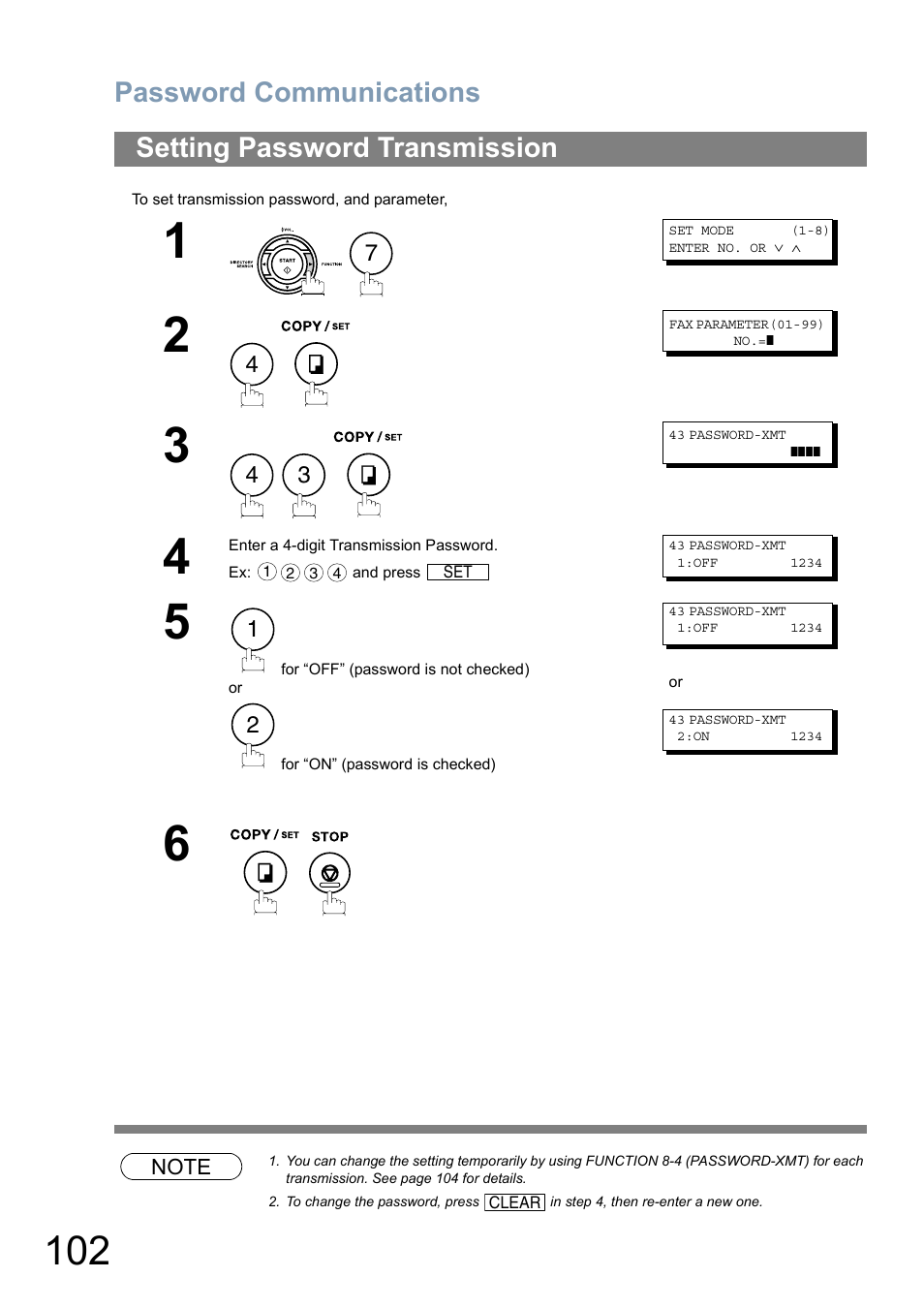 Setting password transmission, Password communications | Panasonic Panafax UF-5950 User Manual | Page 102 / 158