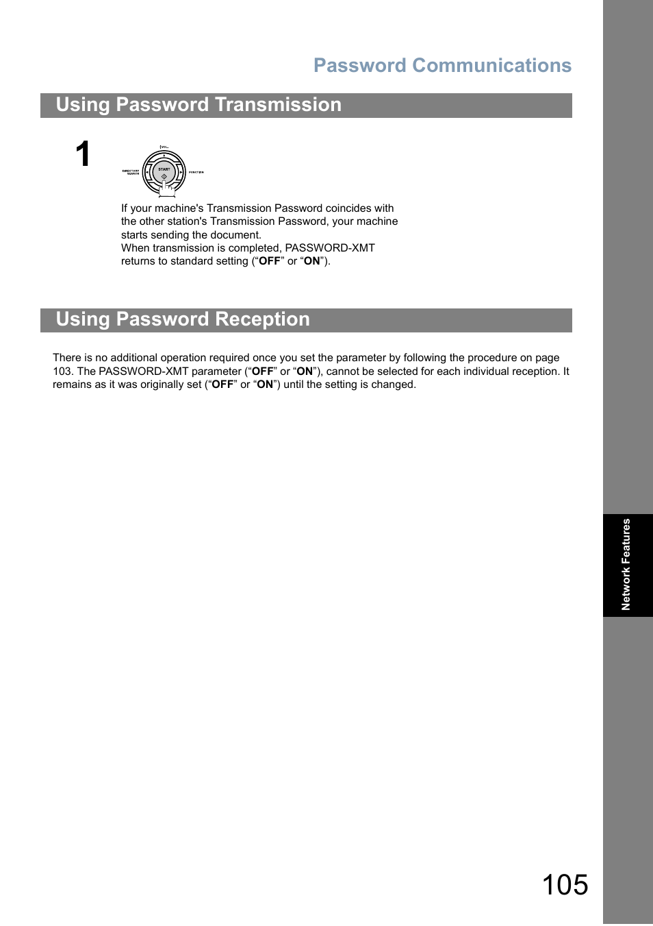 Using password transmission, Using password reception, Password communications | Panasonic Panafax UF-5950 User Manual | Page 105 / 158