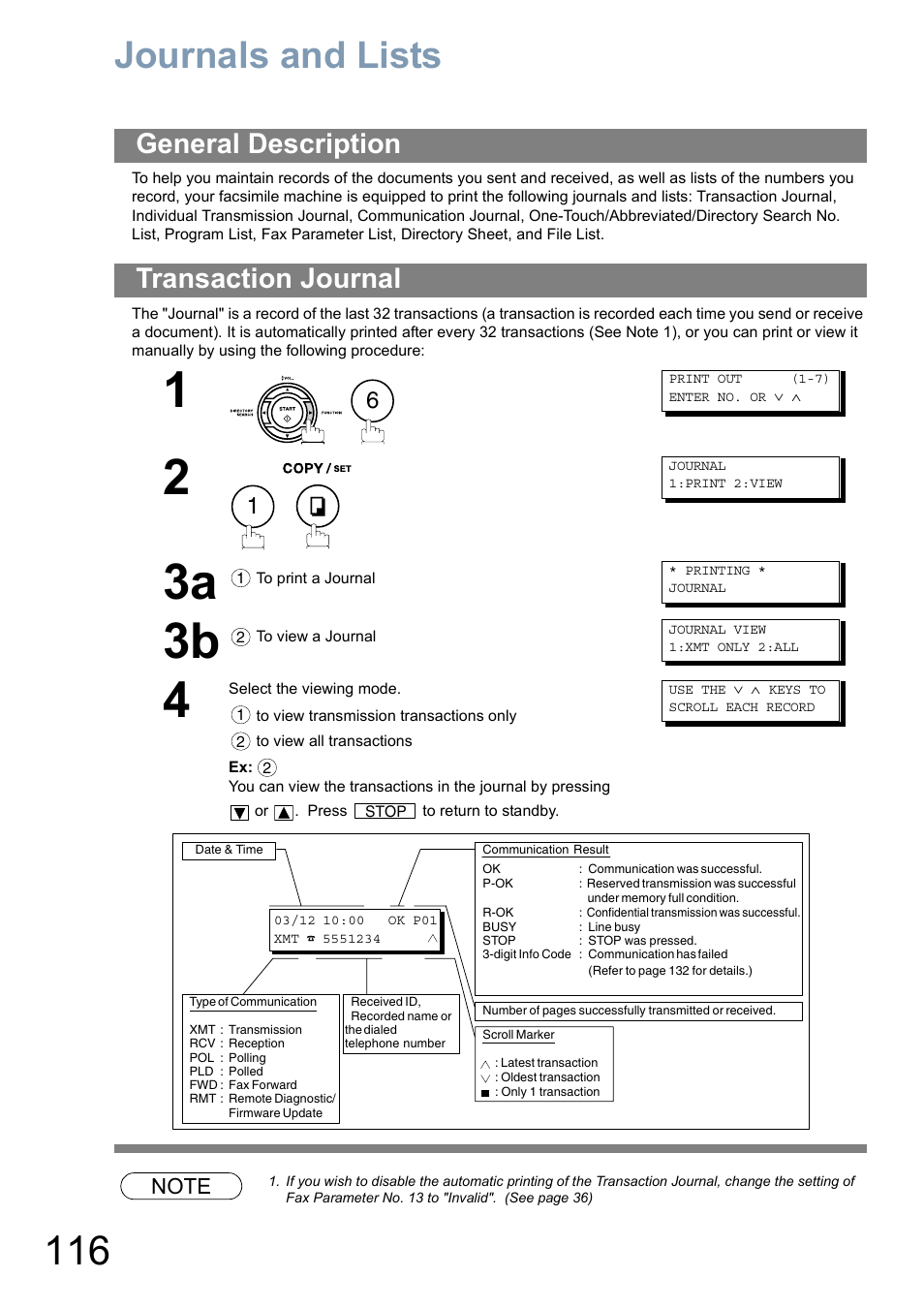 Printout journals and lists, Journals and lists, General description | Transaction journal, General description transaction journal | Panasonic Panafax UF-5950 User Manual | Page 116 / 158