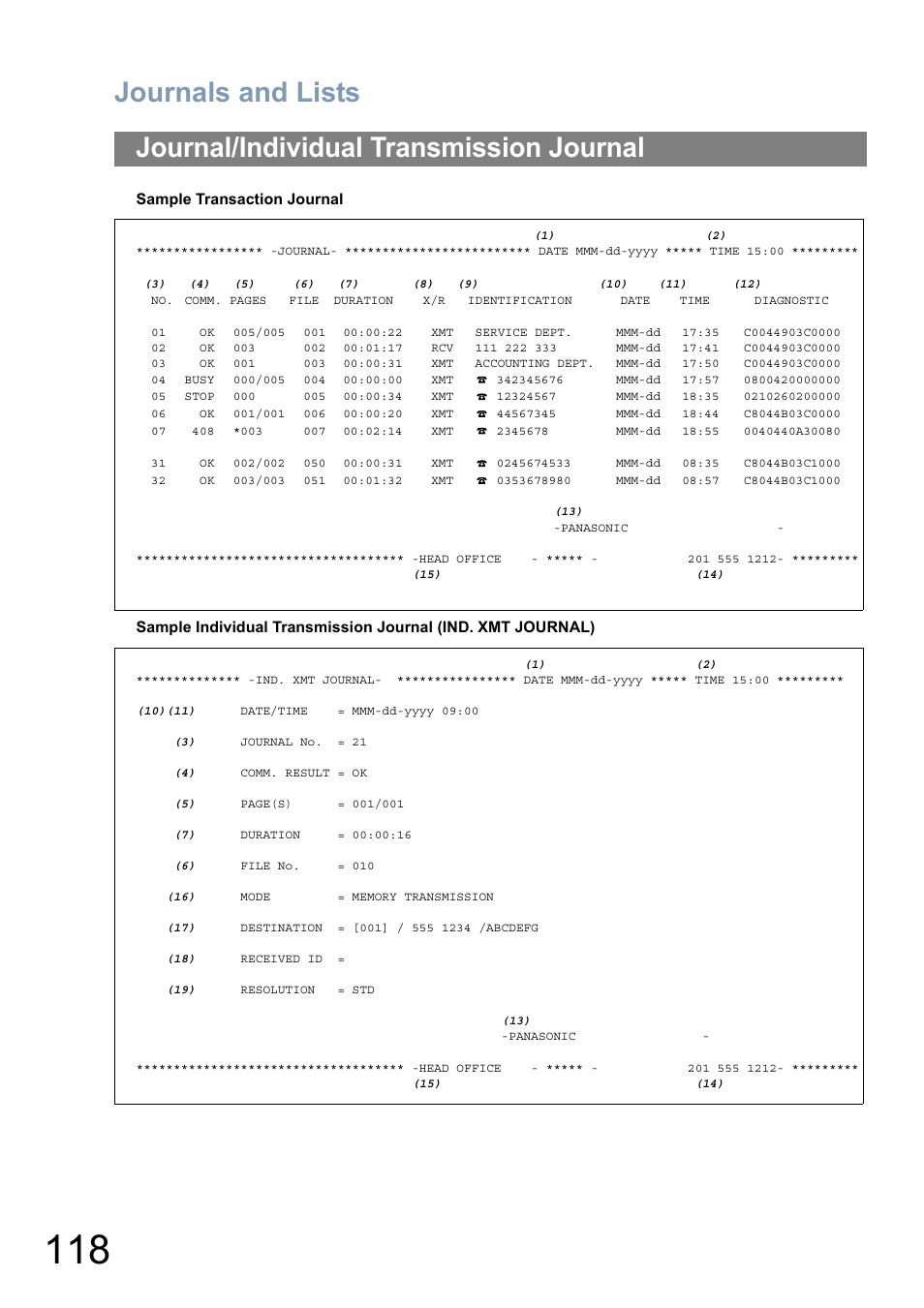 Journal/individual transmission journal, Journals and lists | Panasonic Panafax UF-5950 User Manual | Page 118 / 158