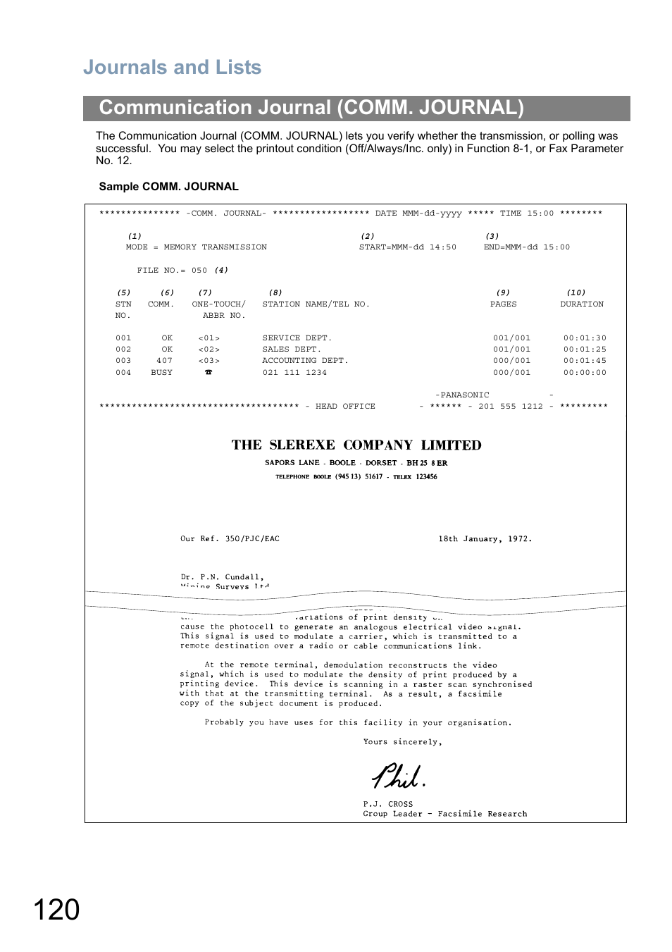 Communication journal (comm. journal), Journals and lists | Panasonic Panafax UF-5950 User Manual | Page 120 / 158