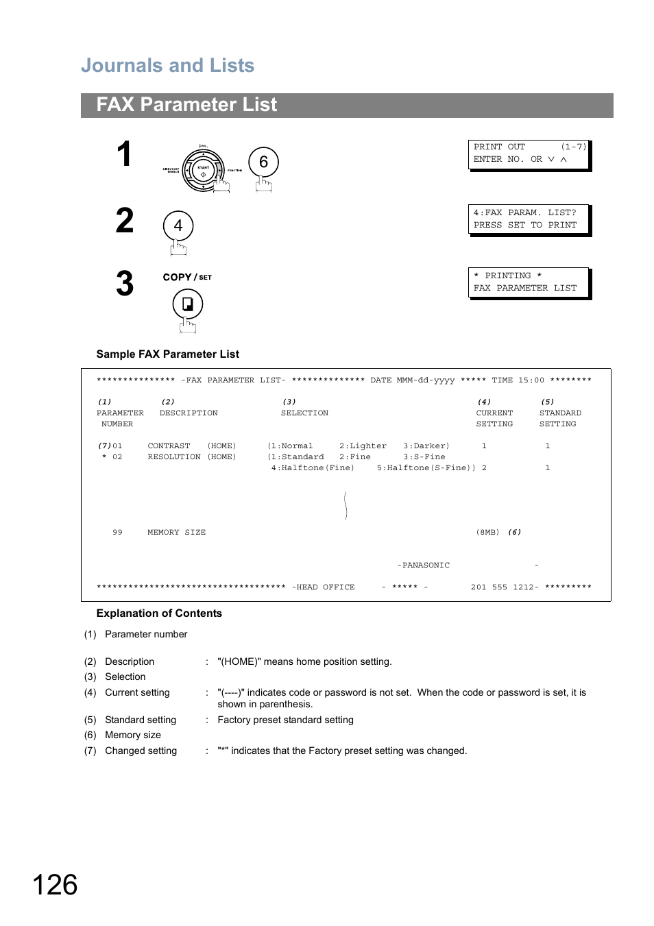 Fax parameter list, Journals and lists | Panasonic Panafax UF-5950 User Manual | Page 126 / 158