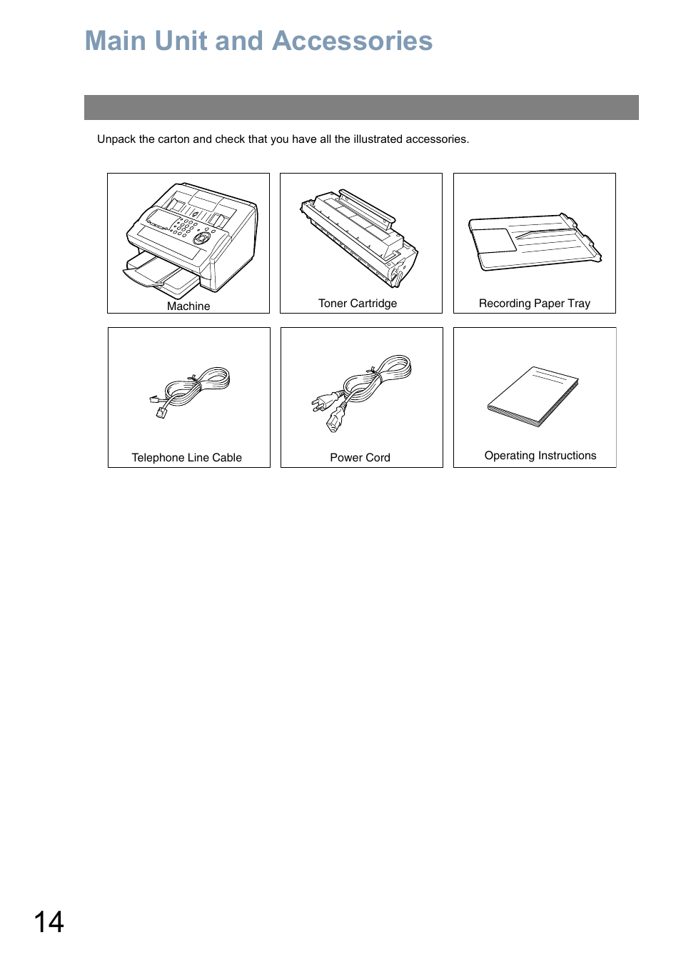 Installing your machine, Main unit and accessories | Panasonic Panafax UF-5950 User Manual | Page 14 / 158