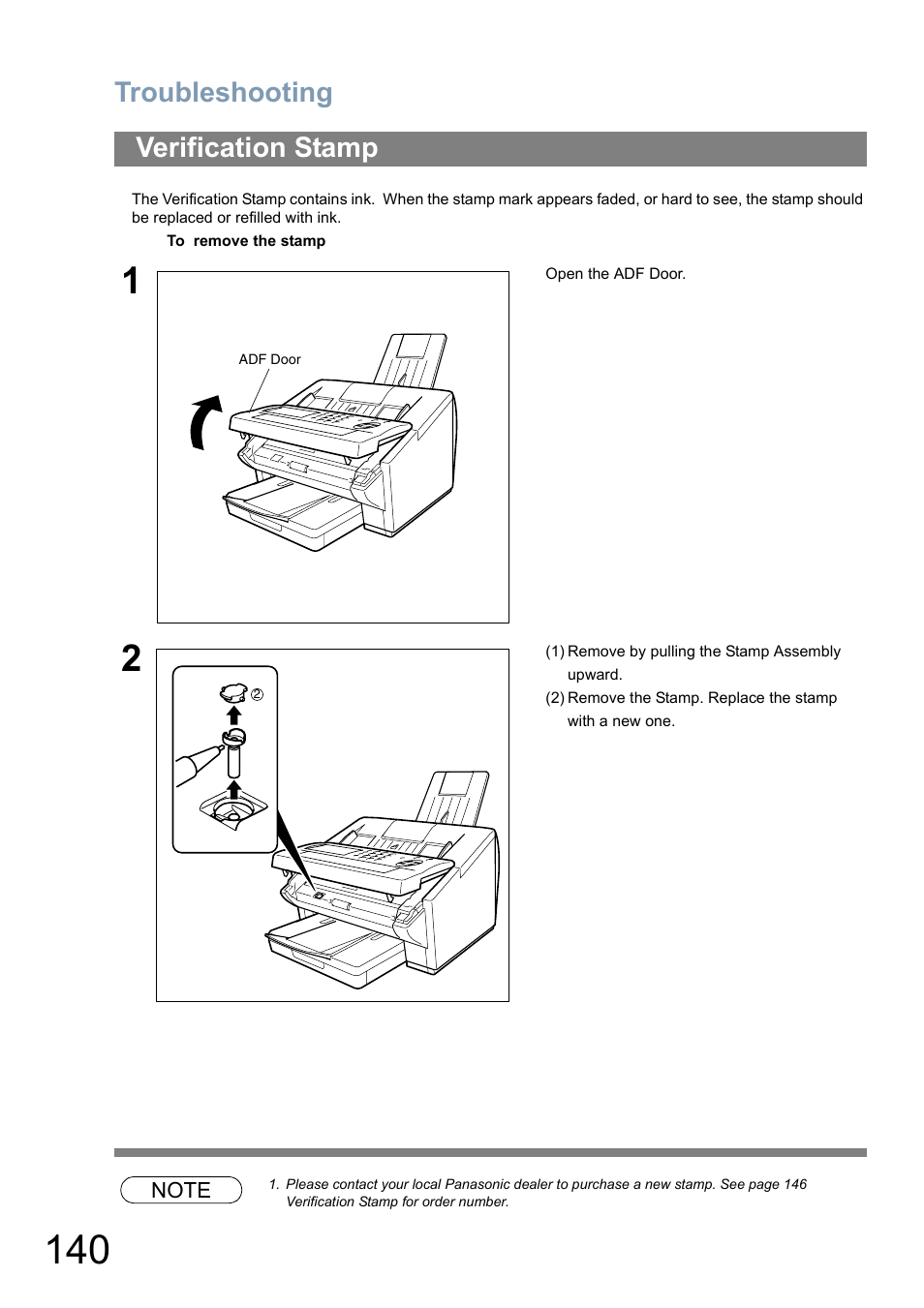 Verification stamp, Troubleshooting | Panasonic Panafax UF-5950 User Manual | Page 140 / 158