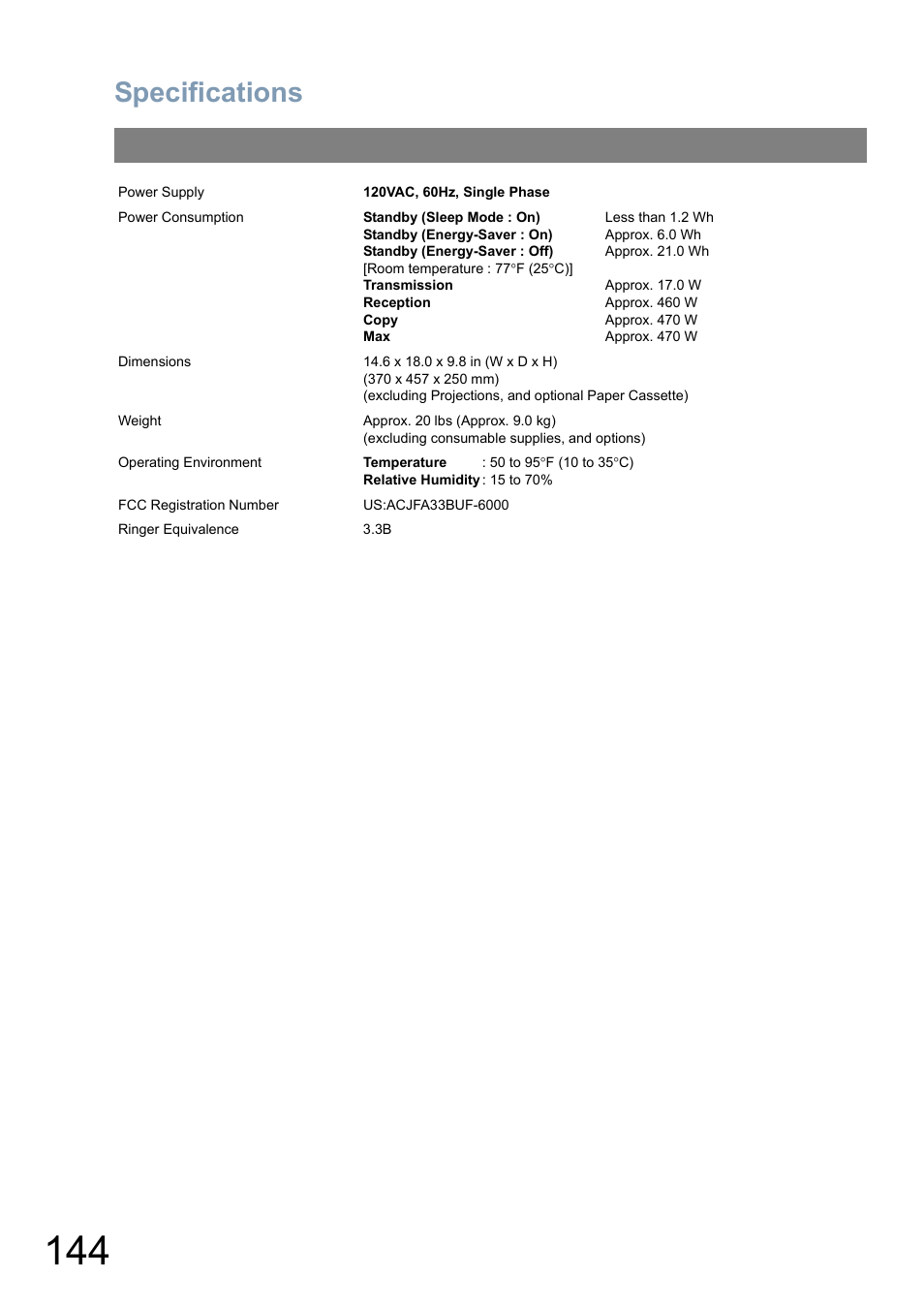 Specifications | Panasonic Panafax UF-5950 User Manual | Page 144 / 158