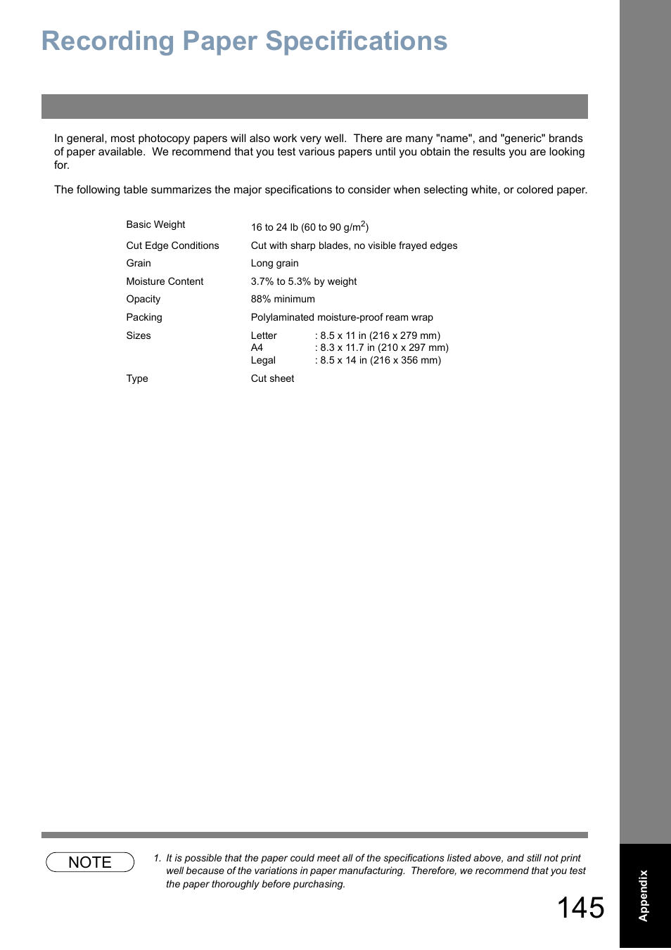 Paper specificationsrecording paper specifications, Recording paper specifications | Panasonic Panafax UF-5950 User Manual | Page 145 / 158