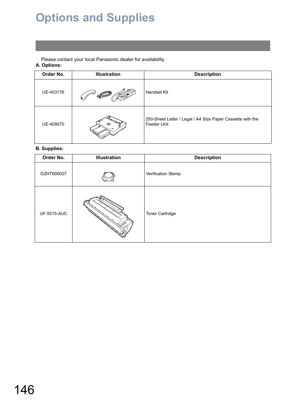 Options and supplies, Le as an, Ge 146) | E 146) | Panasonic Panafax UF-5950 User Manual | Page 146 / 158