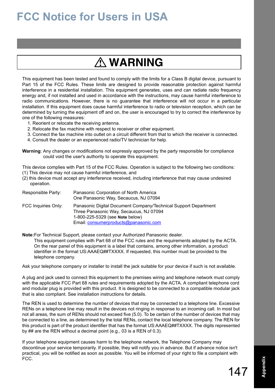 Fcc notice for users in usa, Warning | Panasonic Panafax UF-5950 User Manual | Page 147 / 158