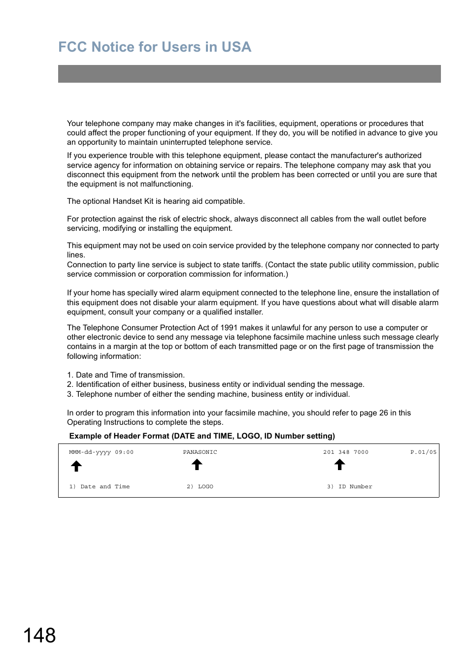 Fcc notice for users in usa | Panasonic Panafax UF-5950 User Manual | Page 148 / 158