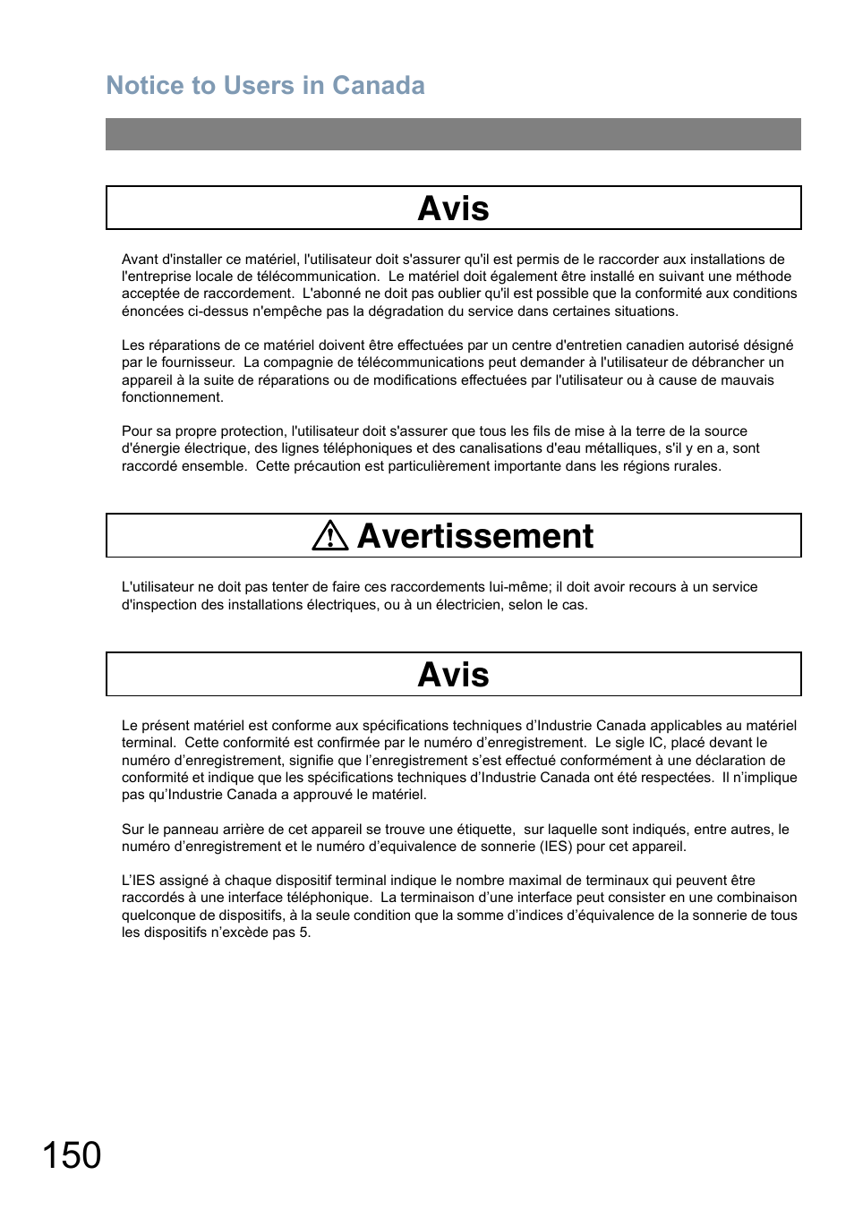 Avis avertissement avis, Notice to users in canada | Panasonic Panafax UF-5950 User Manual | Page 150 / 158