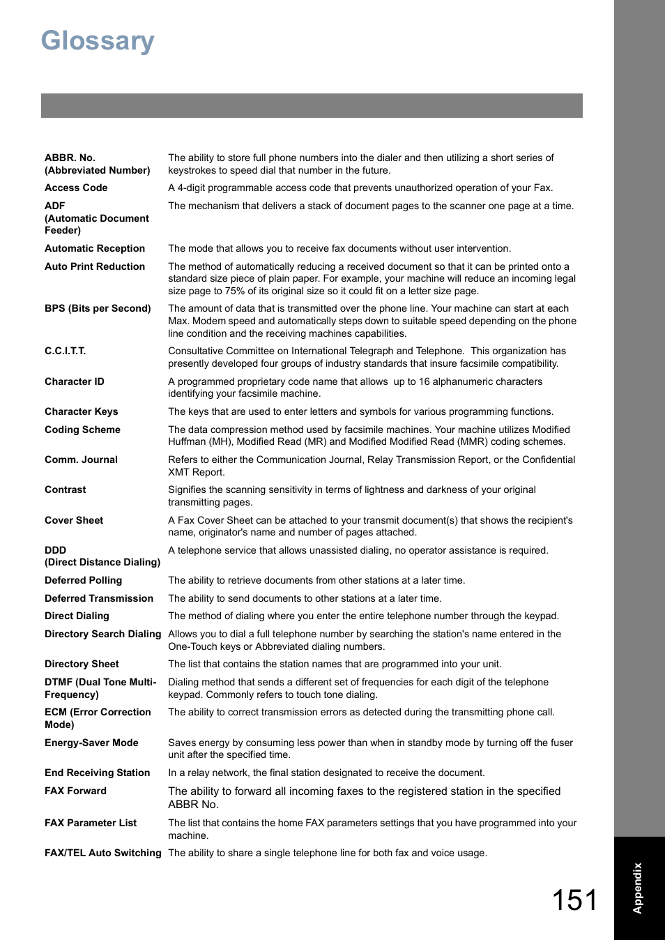 Glossary | Panasonic Panafax UF-5950 User Manual | Page 151 / 158