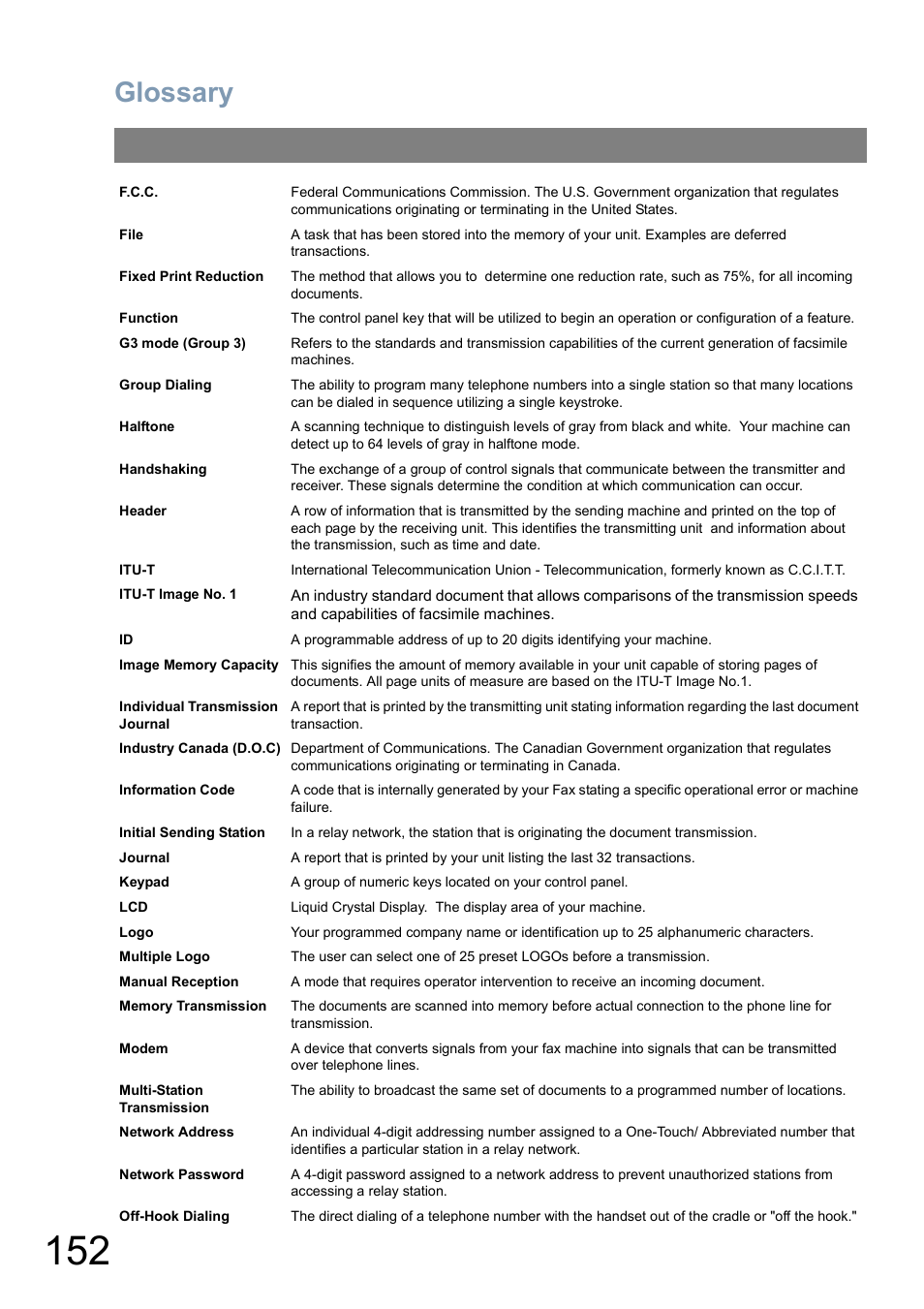 Glossary | Panasonic Panafax UF-5950 User Manual | Page 152 / 158