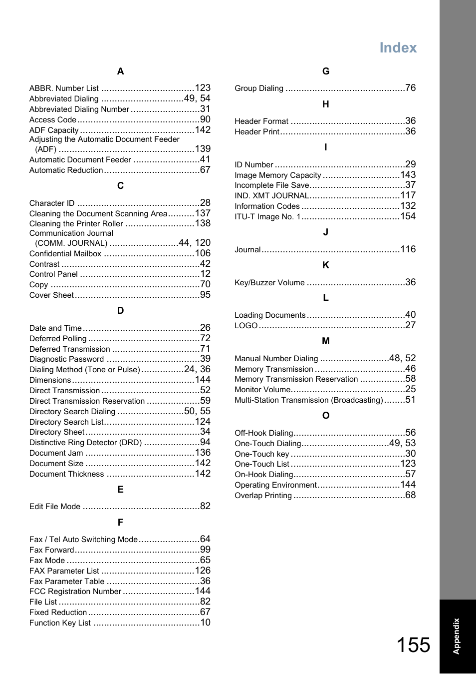 Index | Panasonic Panafax UF-5950 User Manual | Page 155 / 158