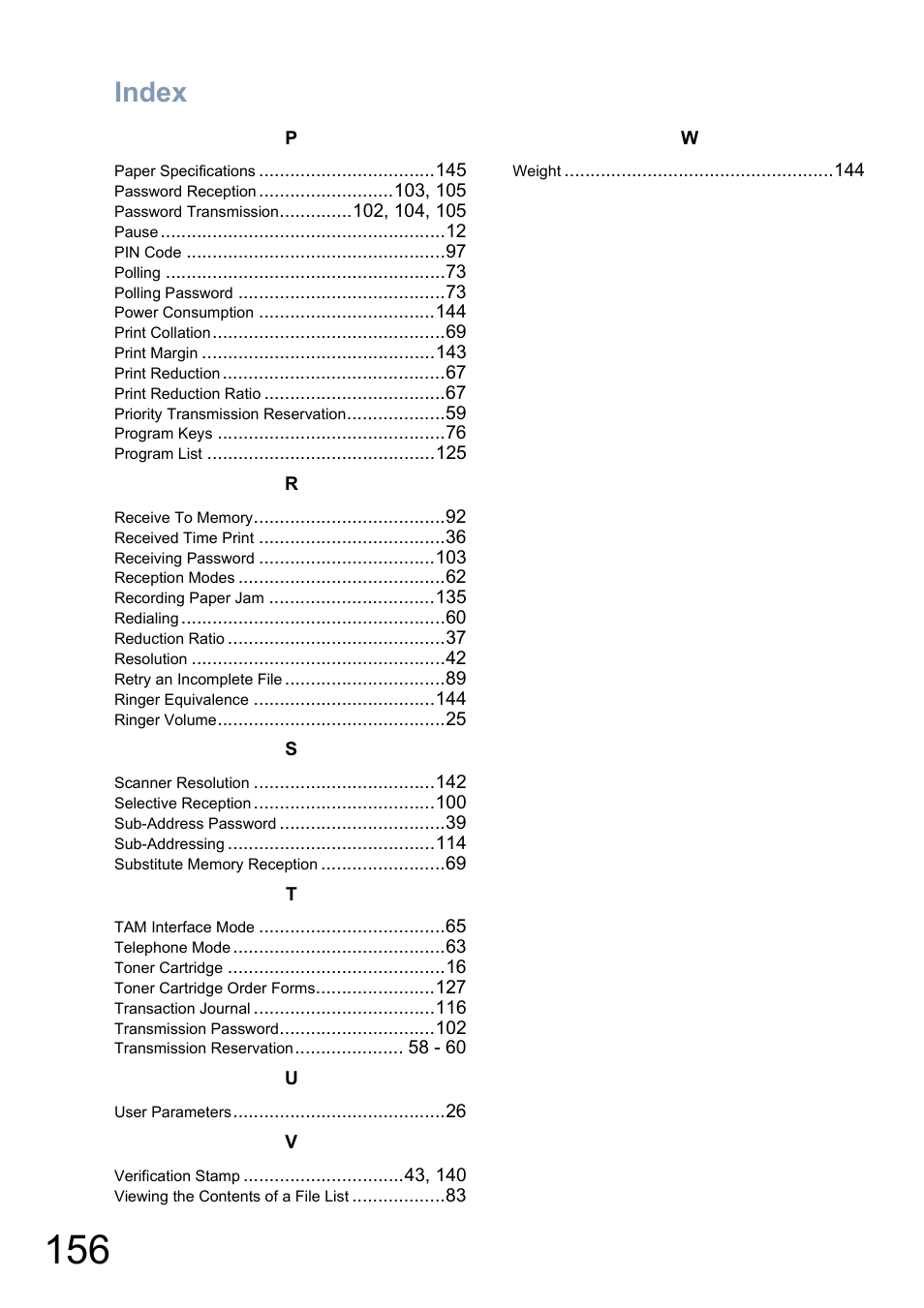Index | Panasonic Panafax UF-5950 User Manual | Page 156 / 158