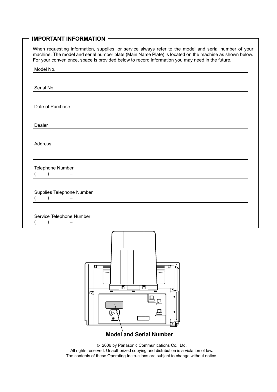Important information, Model and serial number | Panasonic Panafax UF-5950 User Manual | Page 2 / 158