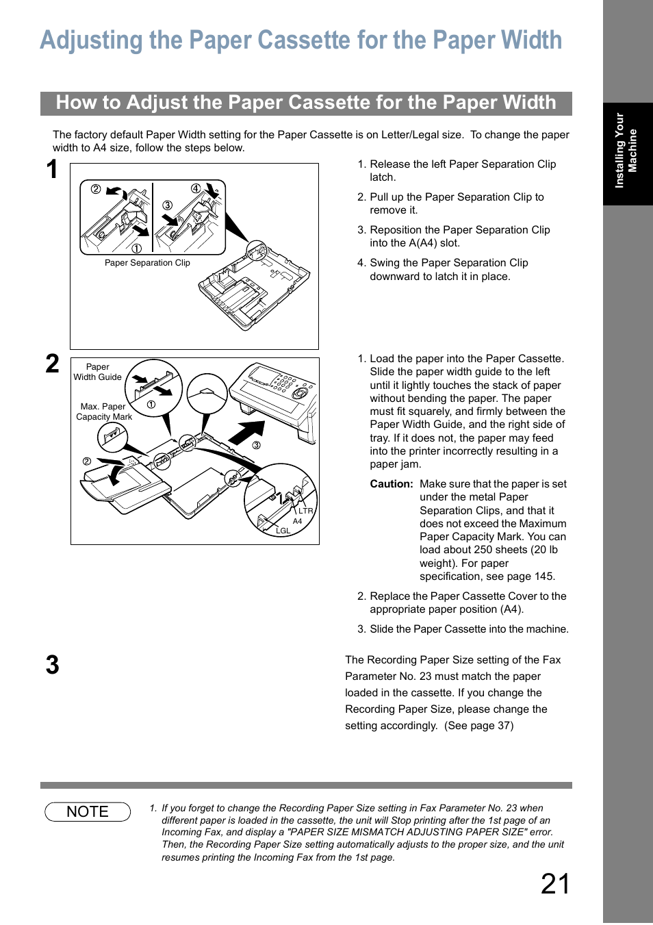 Adjusting the paper cassette for the paper width | Panasonic Panafax UF-5950 User Manual | Page 21 / 158