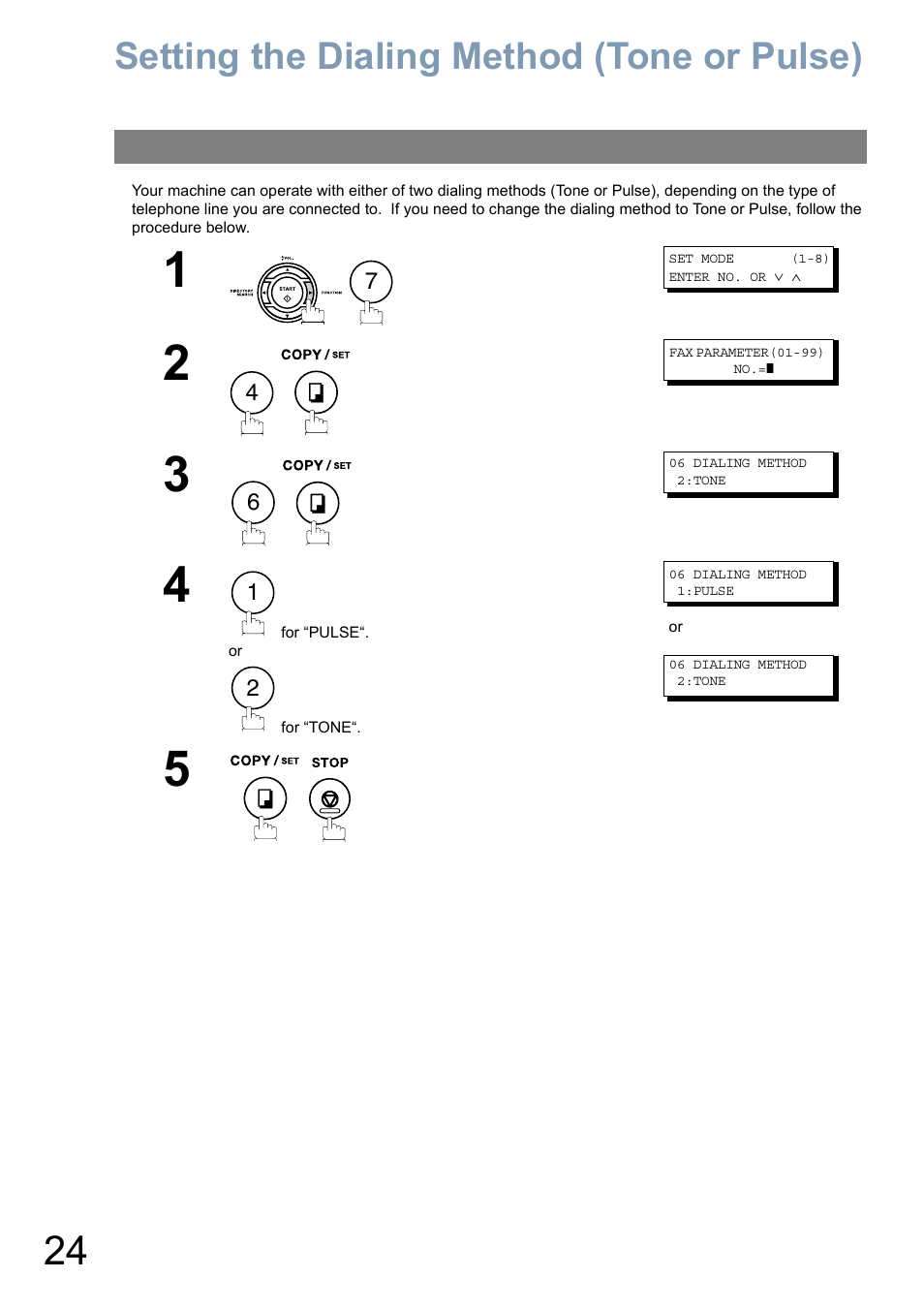 Setting the dialing method (tone or pulse) | Panasonic Panafax UF-5950 User Manual | Page 24 / 158