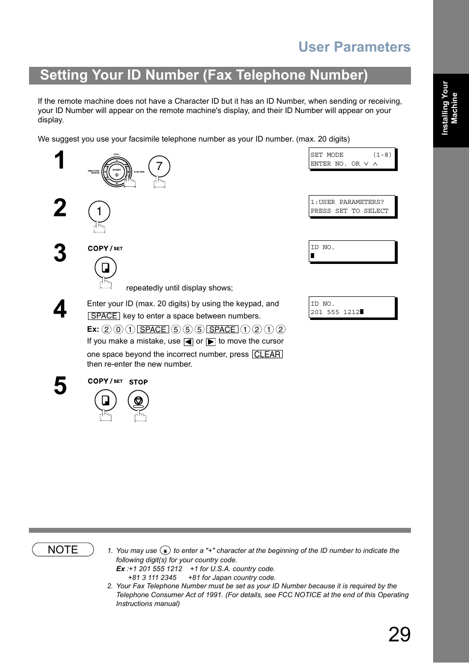 Setting your id number (fax telephone number), User parameters | Panasonic Panafax UF-5950 User Manual | Page 29 / 158