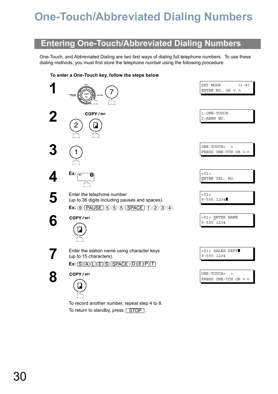 Programming your machine, One-touch/abbreviated dialing numbers, Entering one-touch/abbreviated dialing numbers | Panasonic Panafax UF-5950 User Manual | Page 30 / 158
