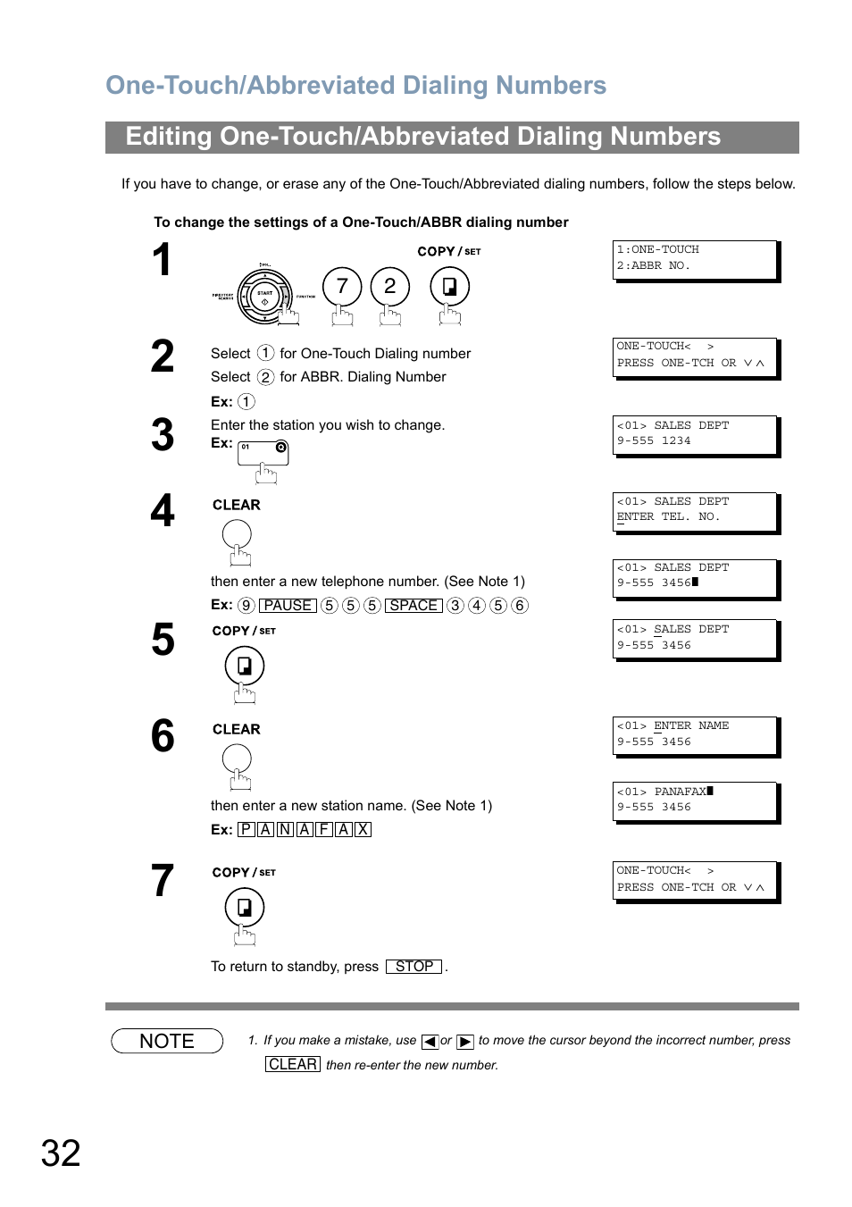 Editing one-touch/abbreviated dialing numbers, One-touch/abbreviated dialing numbers | Panasonic Panafax UF-5950 User Manual | Page 32 / 158