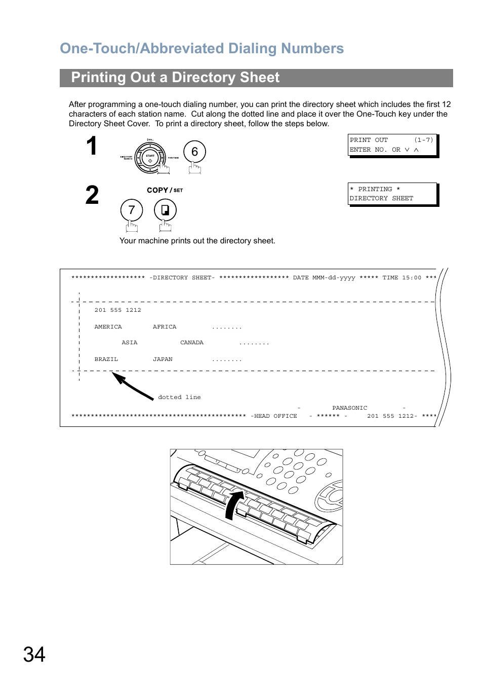 Printing out a directory sheet, One-touch/abbreviated dialing numbers | Panasonic Panafax UF-5950 User Manual | Page 34 / 158