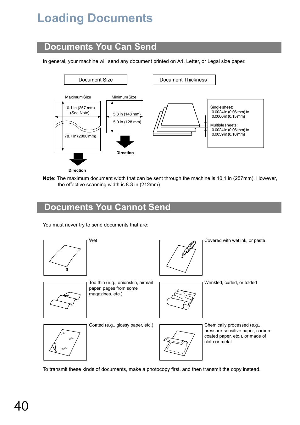 Basic operations, Loading documents, Documents you can send | Documents you cannot send, Documents you can send documents you cannot send, Document size, Document thickness | Panasonic Panafax UF-5950 User Manual | Page 40 / 158