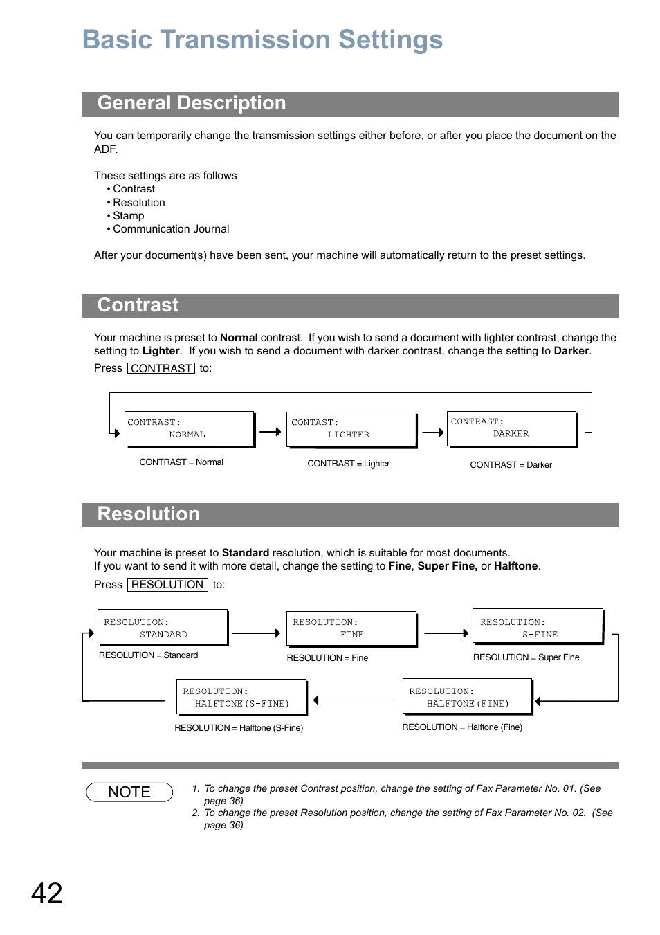 Basic transmission settings, General description, Contrast | Resolution, General description contrast resolution | Panasonic Panafax UF-5950 User Manual | Page 42 / 158