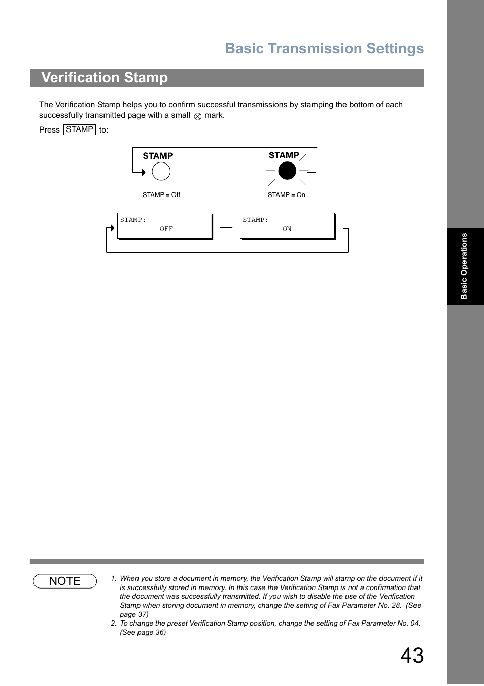 Verification stamp, Basic transmission settings | Panasonic Panafax UF-5950 User Manual | Page 43 / 158