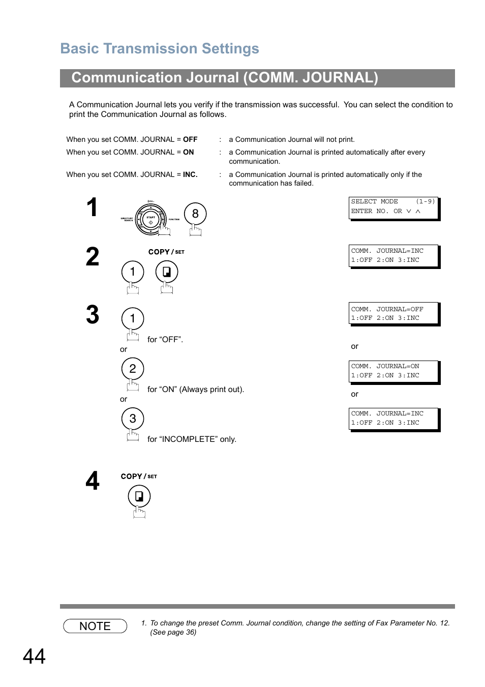 Communication journal (comm. journal), Basic transmission settings | Panasonic Panafax UF-5950 User Manual | Page 44 / 158