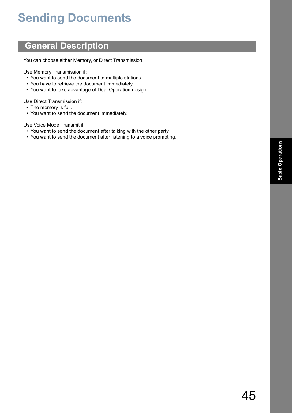 Sending documents, General description | Panasonic Panafax UF-5950 User Manual | Page 45 / 158