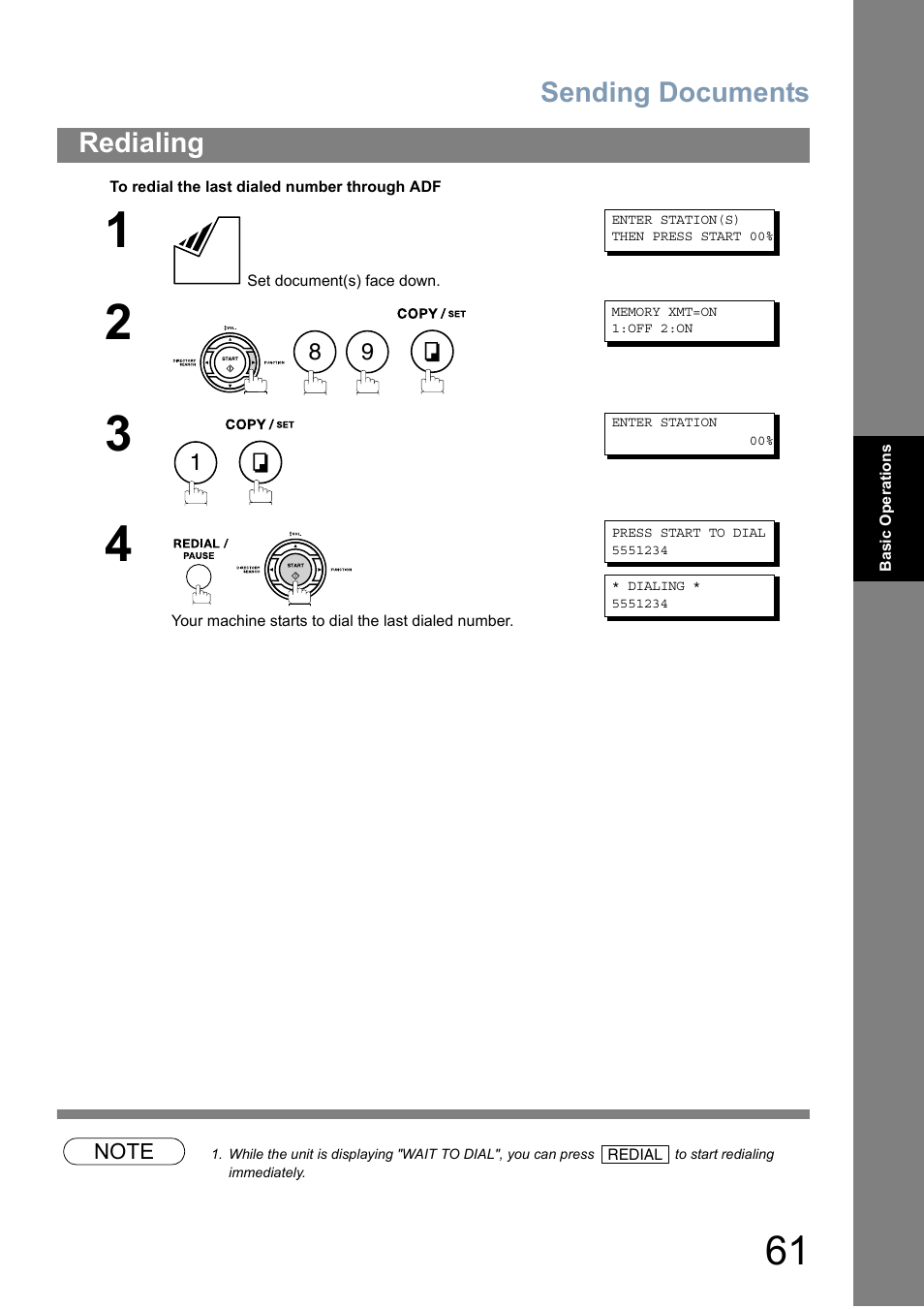 Sending documents, Redialing | Panasonic Panafax UF-5950 User Manual | Page 61 / 158