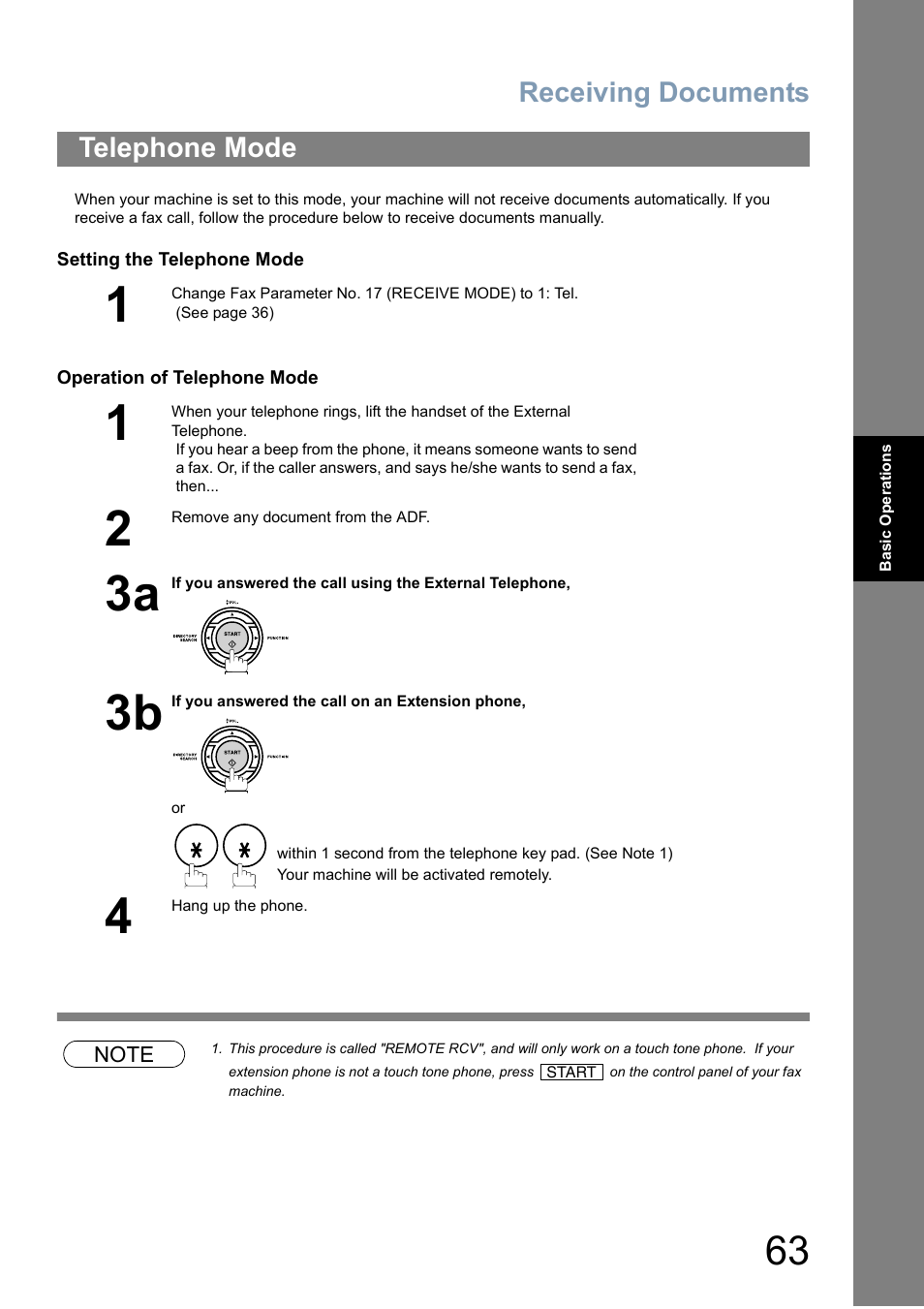 Telephone mode, Receiving documents | Panasonic Panafax UF-5950 User Manual | Page 63 / 158