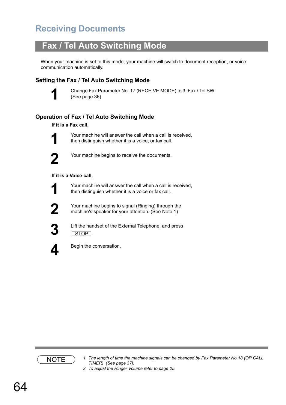 Fax / tel auto switching mode | Panasonic Panafax UF-5950 User Manual | Page 64 / 158