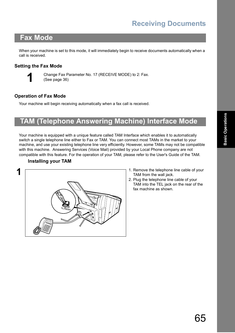 Fax mode, Tam (telephone answering machine) interface mode, Receiving documents | Panasonic Panafax UF-5950 User Manual | Page 65 / 158