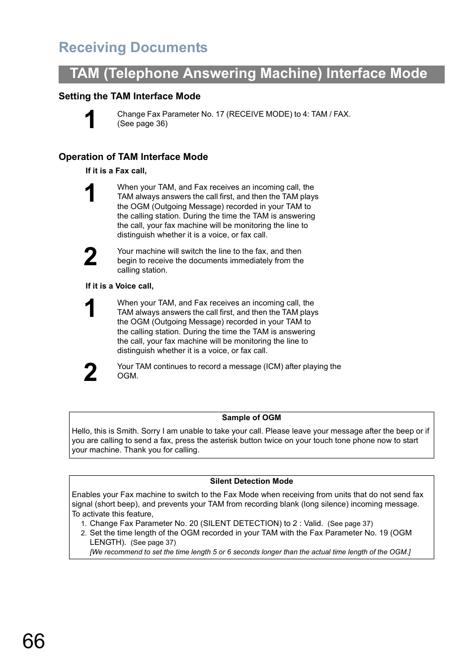 Receiving documents, Tam (telephone answering machine) interface mode | Panasonic Panafax UF-5950 User Manual | Page 66 / 158