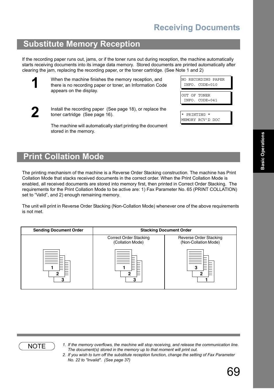 Substitute memory reception, Print collation mode, Receiving documents | Panasonic Panafax UF-5950 User Manual | Page 69 / 158