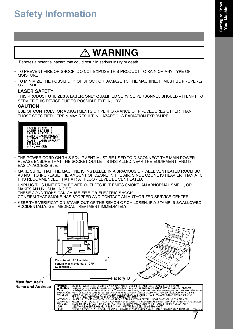 Getting to know your machine, Safety information, Warning | Panasonic Panafax UF-5950 User Manual | Page 7 / 158