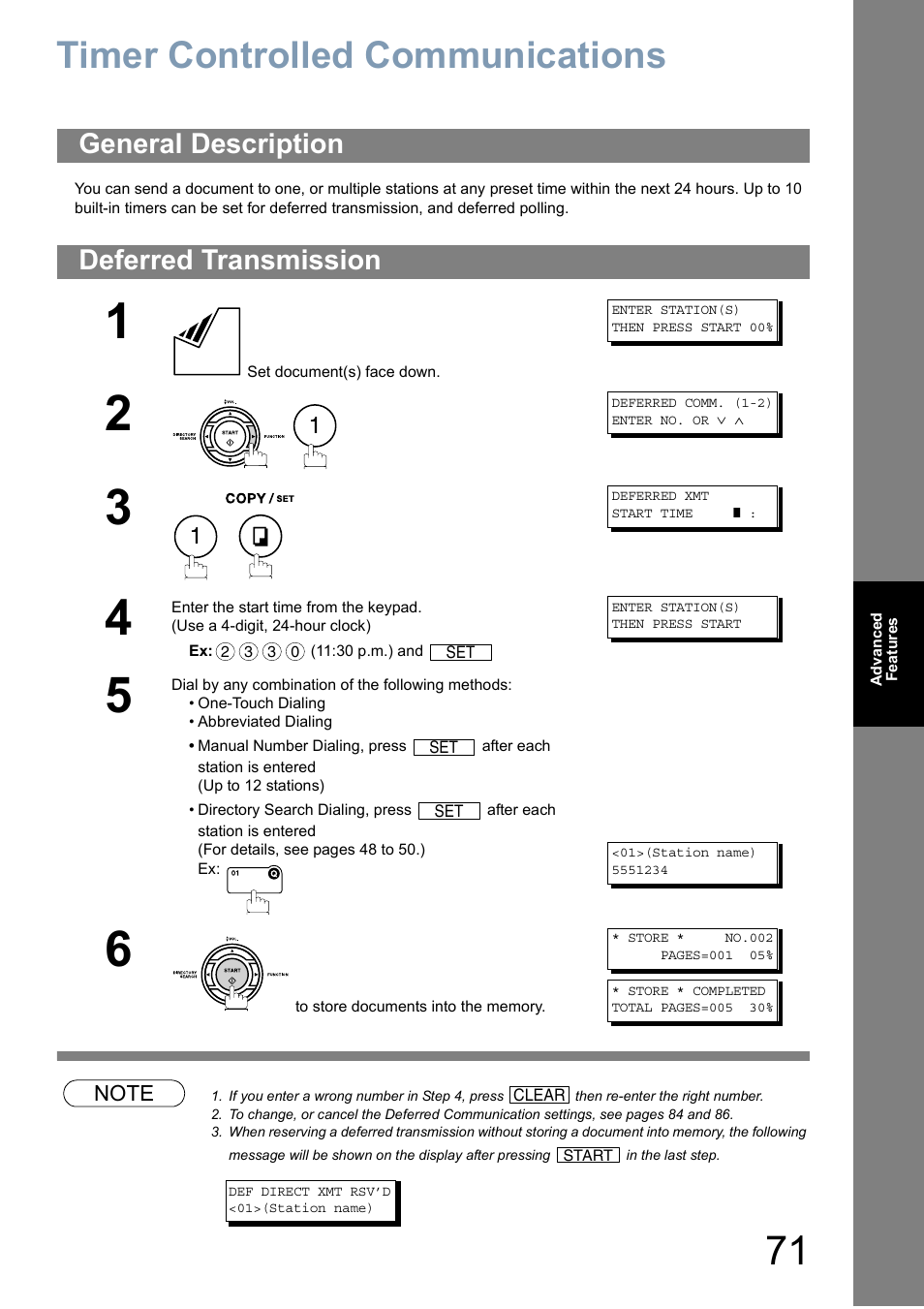 Advanced features, Timer controlled communications, General description | Deferred transmission, General description deferred transmission | Panasonic Panafax UF-5950 User Manual | Page 71 / 158